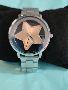 Michael Kors Silver Watch with Rose Gold Star Dial and Crystal Accents